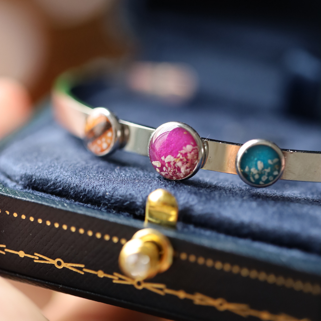 Wide "Three Memories" bracelet with ashes or hair (stainless steel)
